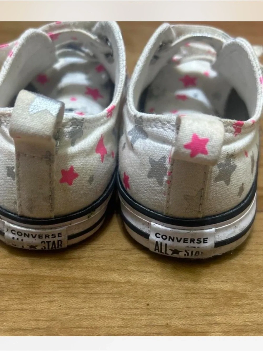 Converse Kids Cream Canvas Velcro Sneakers with Pink & Silver Stars size 10